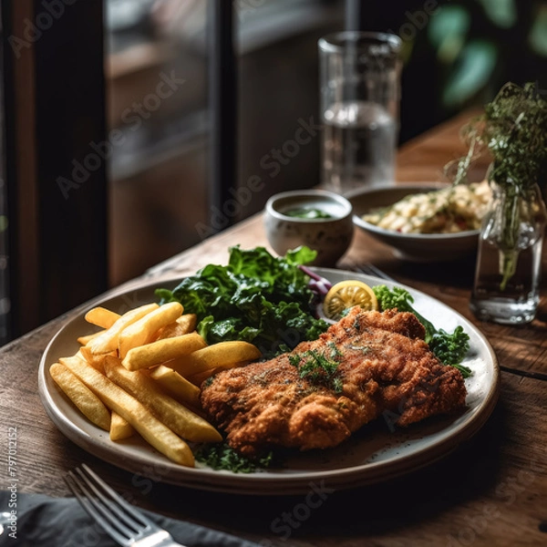 Fototapeta A plate of fried fish and fries with a lemon wedge on top. The plate is set on a wooden table with a bottle and a cup nearby