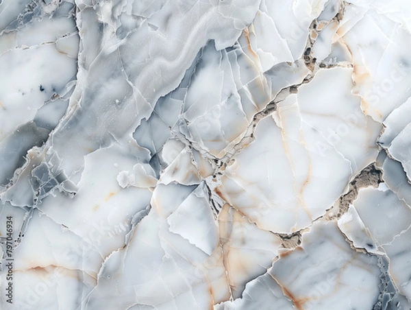 Fototapeta Close up of grainy rock surface with multiple cracks and edges showing layers of limestone structure. White marble with pattern of yellow and grey tones weaving tender motif