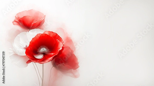 Fototapeta Fleurs de coquelicots rouges. Papier peint floral, fond blanc, espace vide, invitation