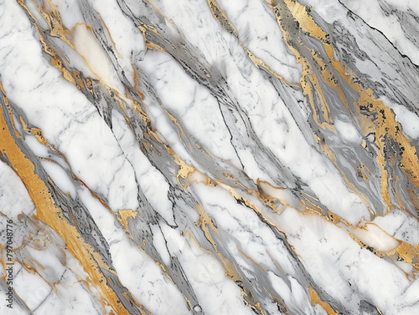 Fototapeta Expensive finishing material for sophisticated interior design. Natural artwork of gold and grey lines on white marble surface creating fascinating pattern