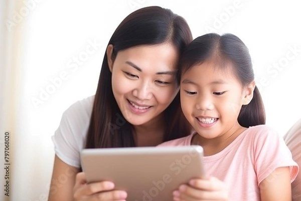 Obraz A woman and a child are looking at a tablet together