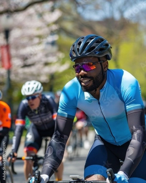 Fototapeta A cyclist wearing a helmet and sunglasses is biking