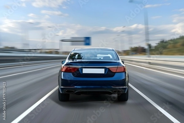 Fototapeta Blue business car speeding on highway viewed from behind in a turn. Concept Vehicle, Highway, Speeding, Business, Blue