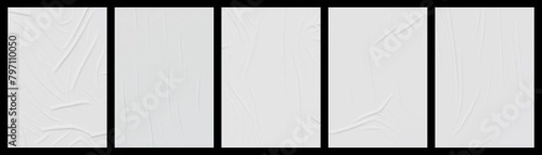 Obraz White wrinkled poster template set. Mockup of glued paper isolated on black background.