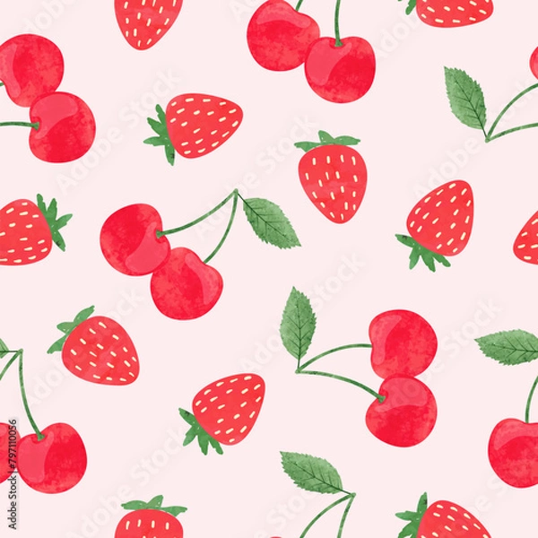 Fototapeta Strawberry and cherry pattern. Seamless summer background with watercolor red berries