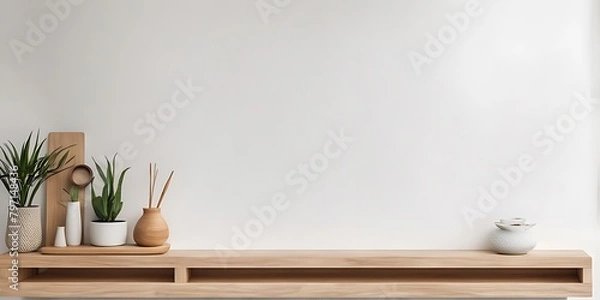 Fototapeta  Wooden shelf and accessories décor in living room interior on empty tiles white wall background 