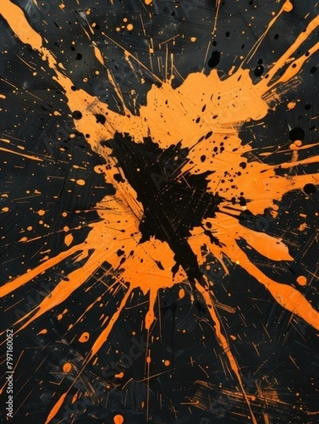 Fototapeta Abstract orange and black paint splatter on dark background