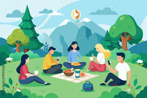 Fototapeta A group of people enjoying a picnic in a logo mockup-filled meadow