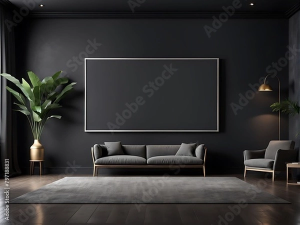 Fototapeta  Large empty screen in a living room interior on an empty dark wall background design,3D rendering 
