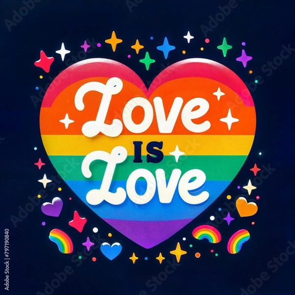 Fototapeta Love is love text, quote. LGBT Rainbow Heart illustration created with generative ai.