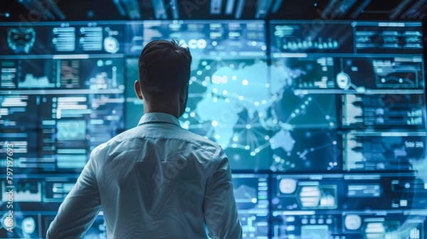 Fototapeta Businessman Viewing Data Visualization on Large Screens in Modern Office