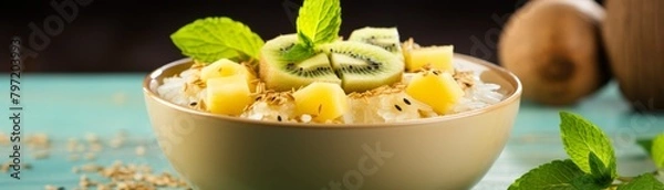 Fototapeta Refreshing and wholesome oatmeal topped with sliced golden kiwi and honey, presented in a bright yellow bowl to energize your day