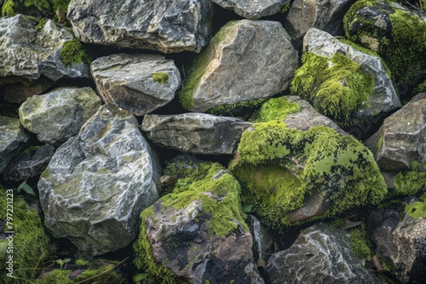 Fototapeta Moss-covered surface of stones or rocks in natural settings like forests or gardens. Mossy stone textures offer a tranquil and organic backdrop