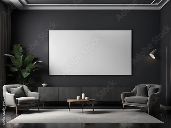 Fototapeta  Large empty screen in a living room interior on an empty dark wall background design,3D rendering 