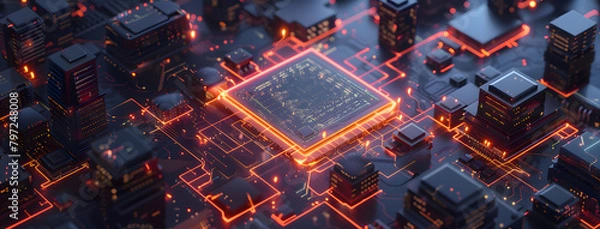 Fototapeta Isometric view of futuristic computer chip with glowing circuitry surrounded by digital data stream buildings