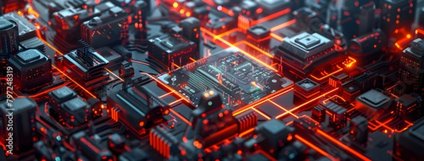 Obraz Isometric perspective of an advanced computer chip with glowing circuitry, surrounded by futuristic buildings composed of digital data streams