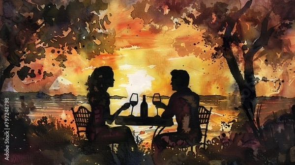 Fototapeta Romantic watercolor of a couple enjoying wine at sunset, gentle hues reflecting the serene and intimate setting