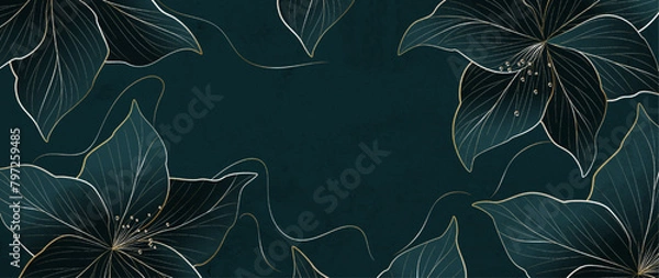 Fototapeta Floral luxury art background with golden elements in line art style. Botanical banner for decoration, print, textile, wallpaper, packaging, interior design, poster, invitations