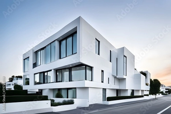 Fototapeta AI Generated-A large white house with a lot of windows and a balcony