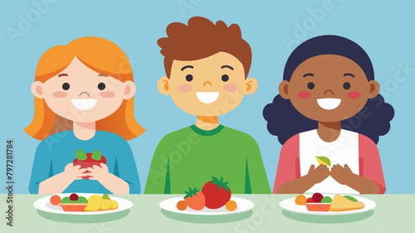 Obraz A group of children sit eagerly at a table each holding a plate of vegetable snacks that they helped prepare proud of their newfound love for