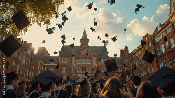 Fototapeta Flying graduation caps on the air in the campus building background.