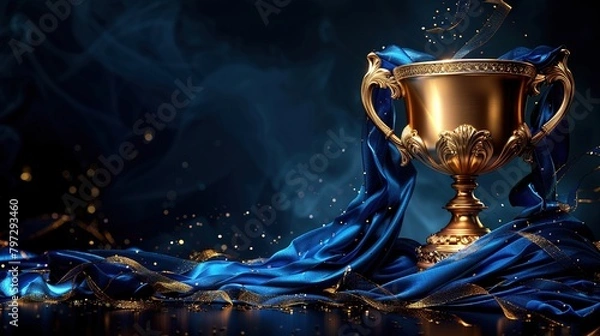 Fototapeta The cup with a shiny golden surface decorated with blue ribbons symbolizes victory and excellence. Generative AI