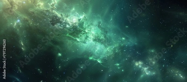 Fototapeta Vivid celestial scene featuring a vast expanse of green and black galaxy studded with twinkling stars and glowing nebulas