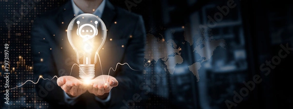 Fototapeta Chatbots: Innovation, Connectivity, Futuristic Concept. Hands of Businessman Holding Light Bulb and Chatbots with Data Network Digital Technology. Advancing Automated Conversational Interfaces