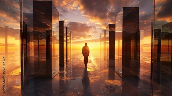 Fototapeta Silhouette of a person walking towards the sunset reflected in mirrors. Generated AI.
