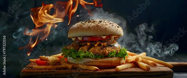 Obraz Chicken burger and fries on wooden board with smoke and fire, against dark background. Food photography for advertising.