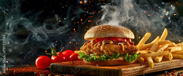 Obraz Chicken burger and fries on wooden board with smoke and fire, against dark background. Food advertising photography.
