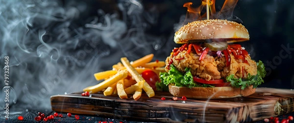 Obraz Chicken burger and fries on wooden board with smoke and fire, against black background. Food advertisement concept.