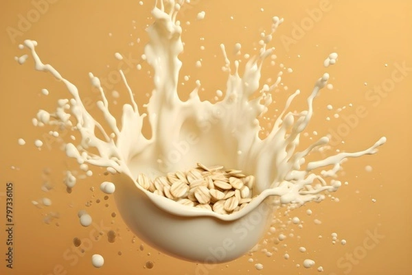 Fototapeta Oatmeal with milk splashes isolated on beige background, generated by AI.
