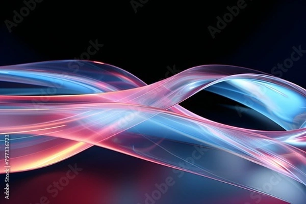 Fototapeta 3d illustration of a stereo strip of different colors. Geometric stripes similar to waves. Abstract   pink and blue  glowing crossing lines pattern, generated by AI.