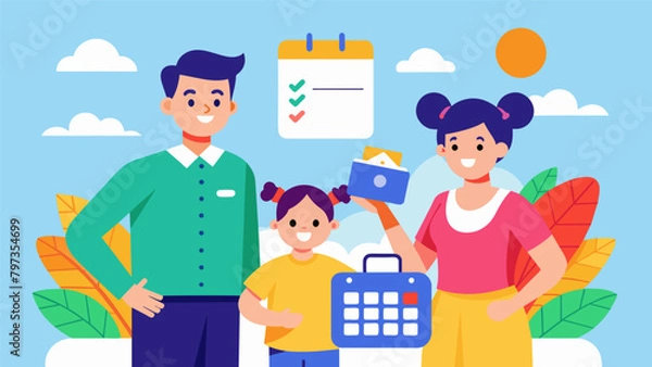 Fototapeta An image of a happy family enjoying a holiday getaway accompanied by a budget planner to help you save and plan for your dream vacation.