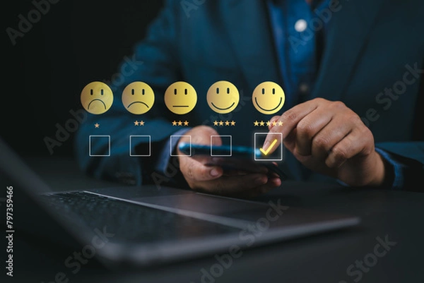 Fototapeta Customer Satisfaction Survey Concept, Users Rate Service Experiences On Online Application, Customers Can Evaluate Quality Of Service Leading To Business Reputation Rating.