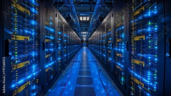 Fototapeta A large room with many computer servers
