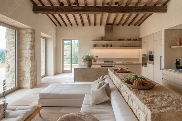 Fototapeta Minimalist kitchen with central island, warm beige and brown tones, illuminated by evening light in a Tuscan villa