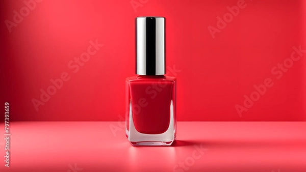 Fototapeta A bottle of red nail polish sits on a table