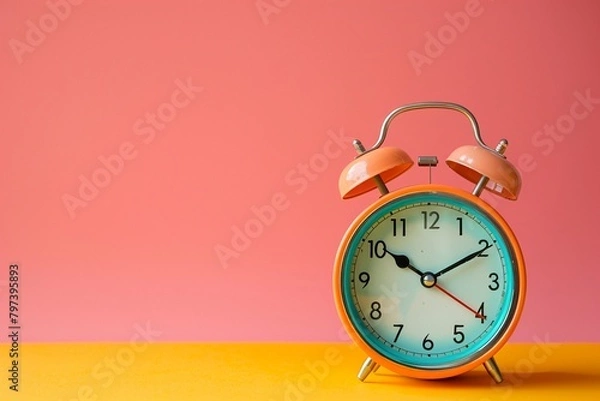 Fototapeta Old alarm clock on yellow pink background copy space for text