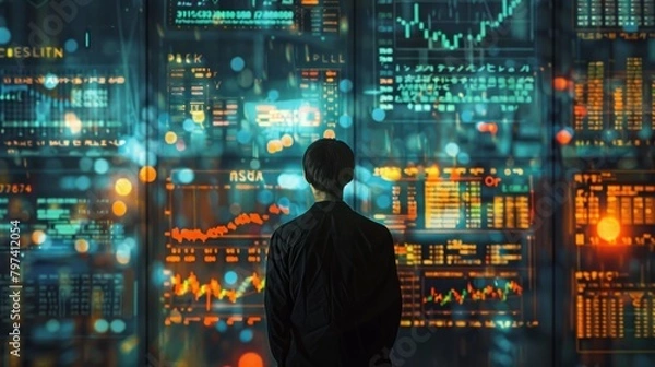 Fototapeta A man standing in front of a large screen with a lot of data on it.