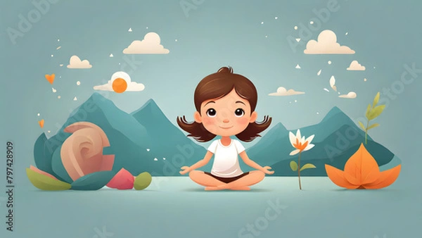 Obraz Cartoonist-style young girl or kid, sitting on the floor in a yoga pose, against a playful backdrop. Ideal for yoga children or yoga-related contents.