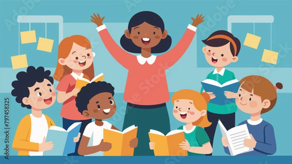 Fototapeta As each child took turns reading their poems aloud cheers and applause echoed throughout the room creating an atmosphere of encouragement and