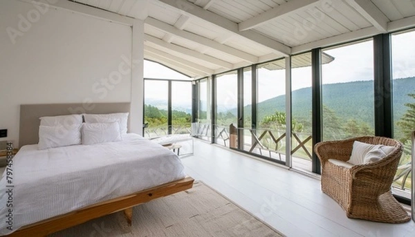 Fototapeta interior of a bedroom, modern living room with a window, a modern bedroom, modern architeture ,white color building structure, Ai Generate