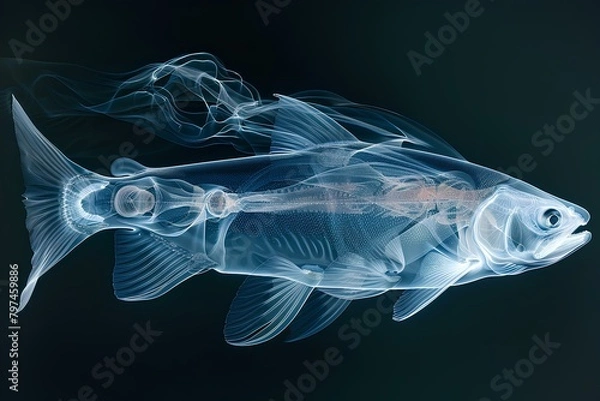 Fototapeta X-ray photography of salmon while swimming in the deep sea In a professional studio atmosphere