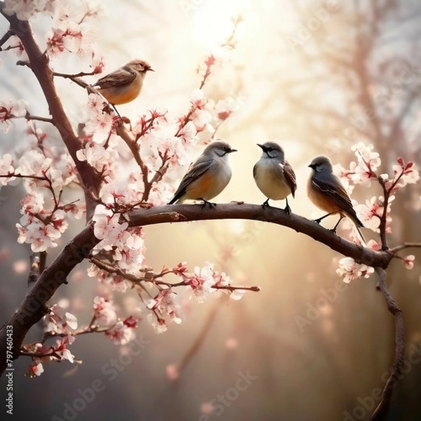 Fototapeta birds sing on the branches of a tree with spring flowers. sunlight.