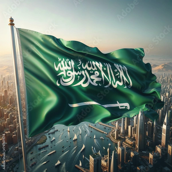 Obraz  3D rendered Saudi Arabia flag, isolated on a clean background. High-quality, realistic depiction perfect for various uses, Generated by AI.