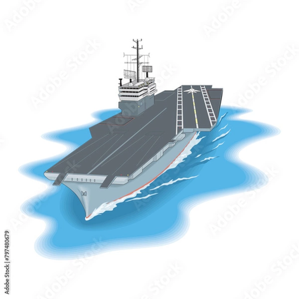 Fototapeta aircraft carrier, warhip, side and top view on a white background