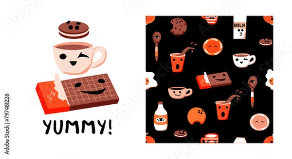 Obraz Baby print. Pattern. Yummy food. Cute characters. Milk, cookies, cup, mug, chocolate. Vector background. Doodles for kids. Perfect for printing on the fabric, design package and cover