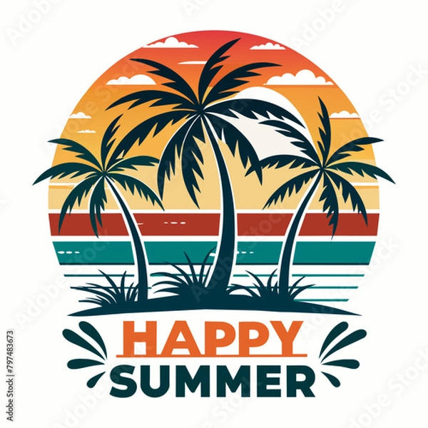 Fototapeta Summer t-shirt design. Retro and vintage summer vibes t-shirt design with palm tree, sea beach, and sunset vector illustration.